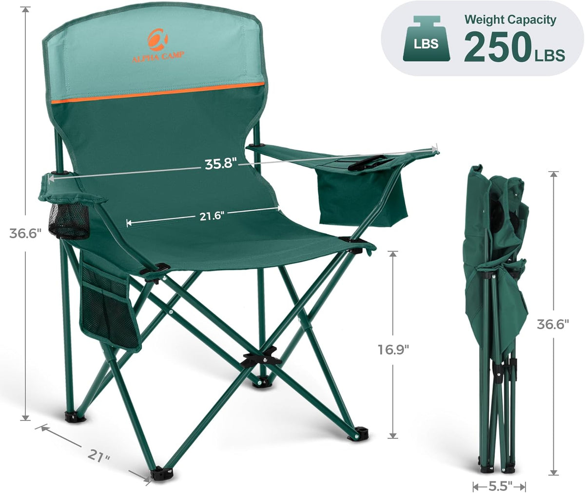 LET'S CAMP Camping Chair 2 Pack Folding Chair with 4-Can Cooler Bag