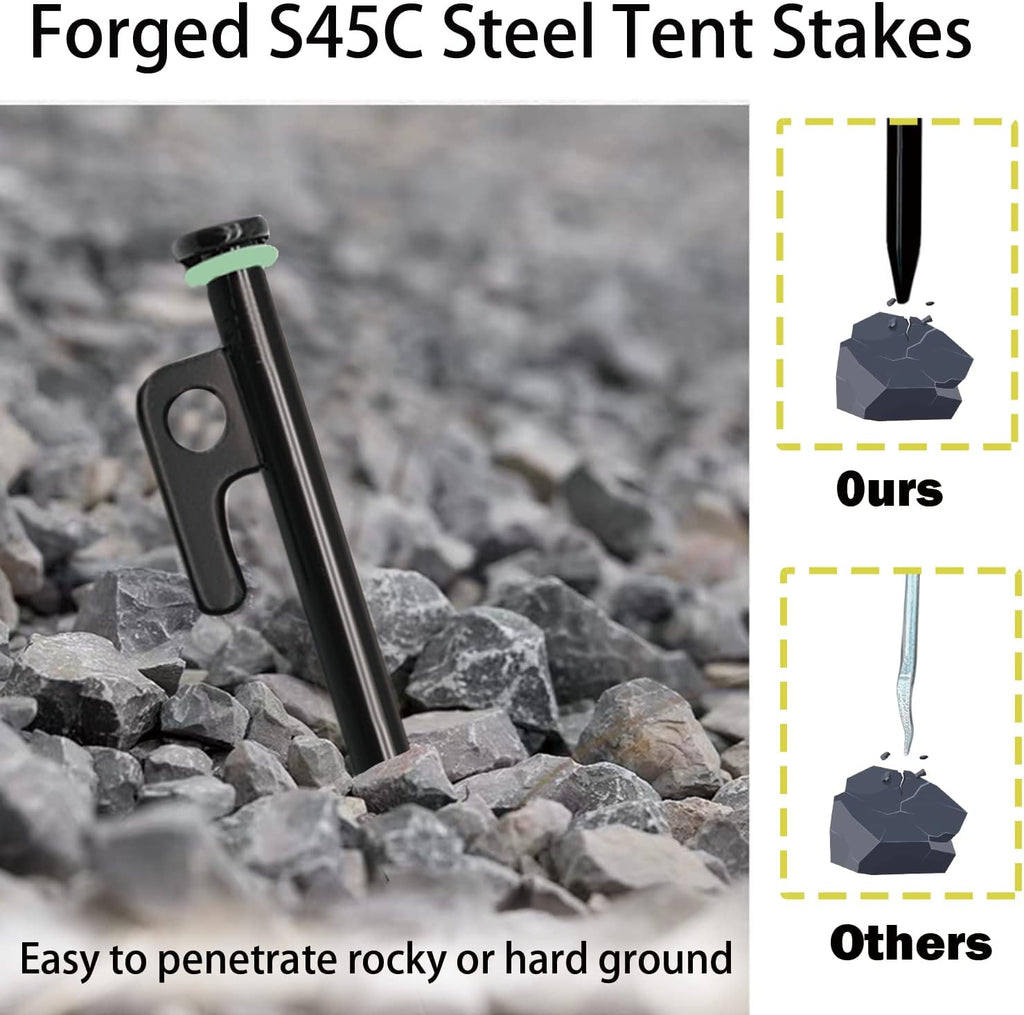 8/12/16Pack Tent Stake with Hammer, 8/10/12/16in Heavy Duty Tent Stakes + 10in Camping Hammer+Storage Pouch, Forged Steel Stakes Used on Rocks (12 Pack 10in Tent Stakes+Hammer)