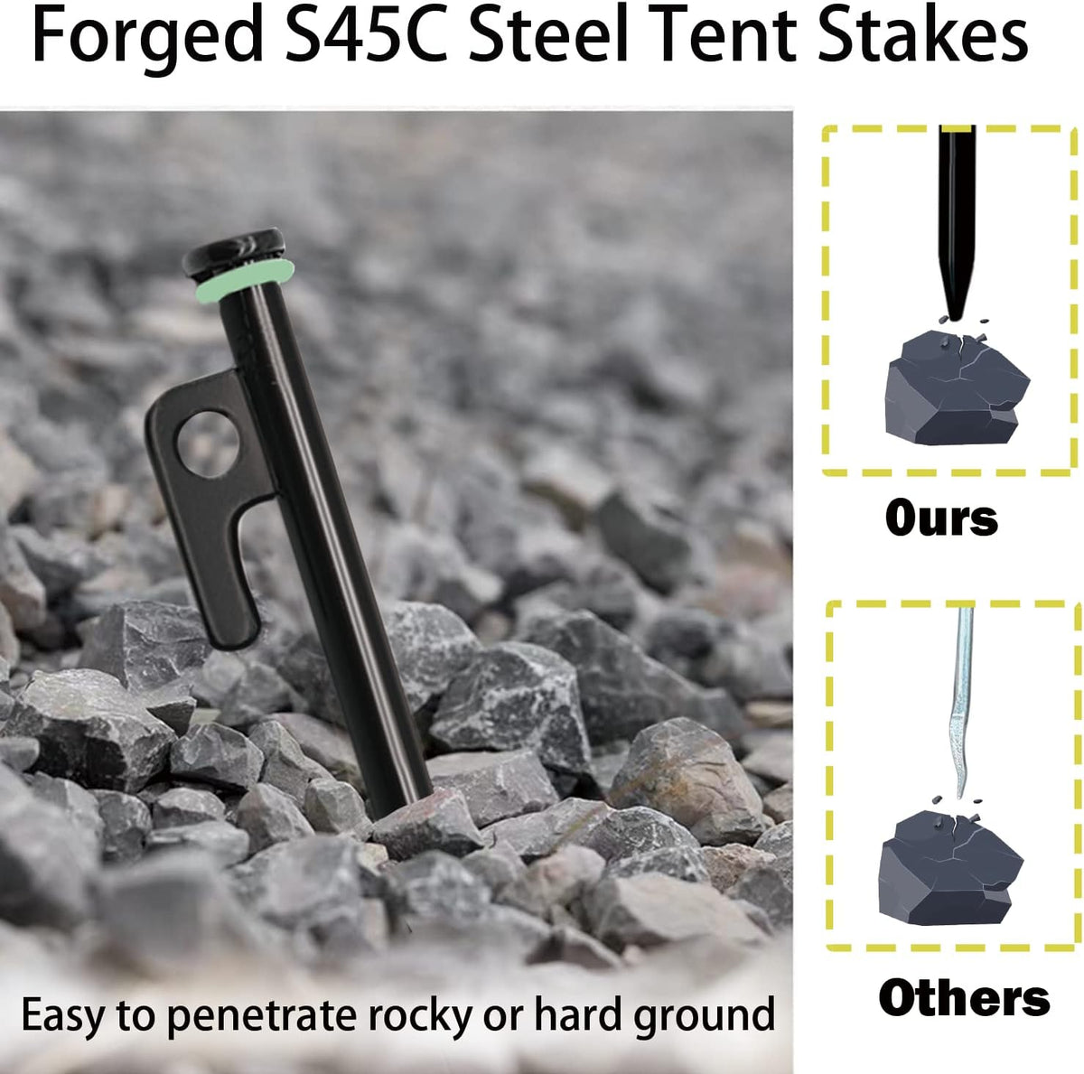 12 Pack Tent Stake with Hammer, 16in Heavy Duty Tent Stakes + 10in Camping Hammer+Storage Pouch, Forged Steel Tent Stakes for Camping Used on Rocks(12 Pack 16in Stakes+Hammer