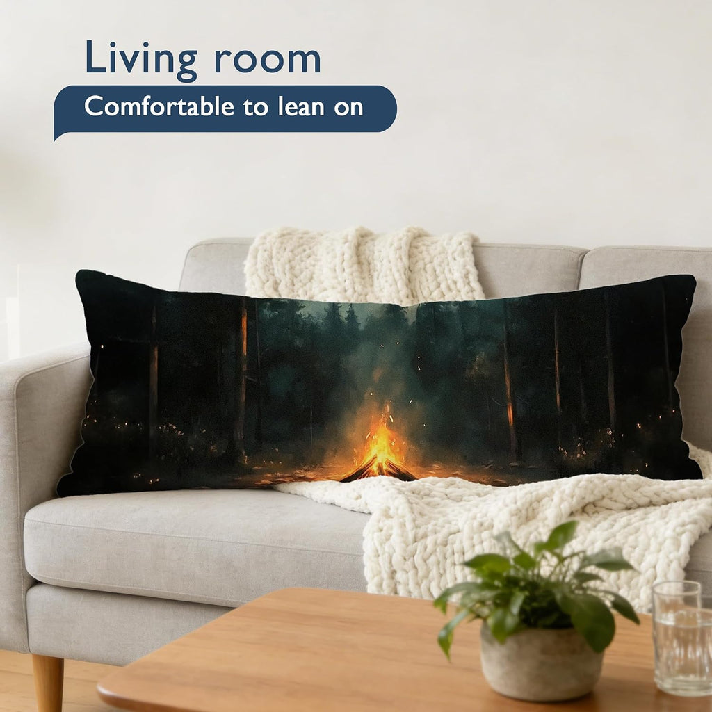 Dark Moody Forest Campfire Camping 20x54 Body Pillow Cover, Camping Decor for Camper, Rustic Pine Tree Night Bonfire Long Body Pillowcase with Zipper for Bed Couch