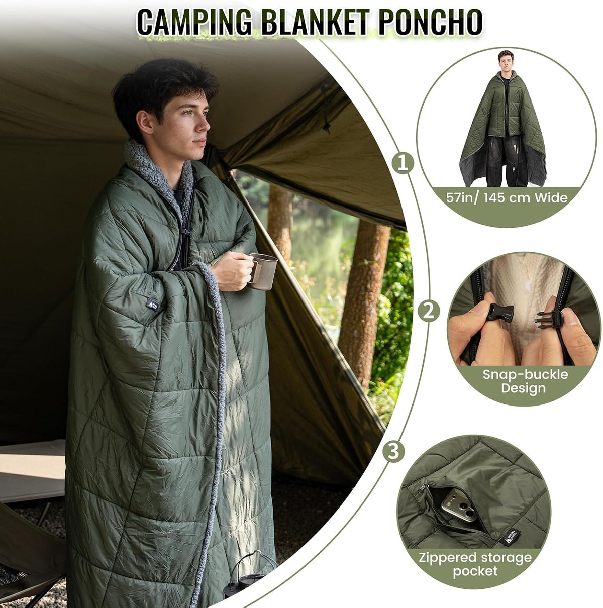 ONETIGRIS Oversized Camping Blanket, Wearable Sherpa Blanket with Zipper