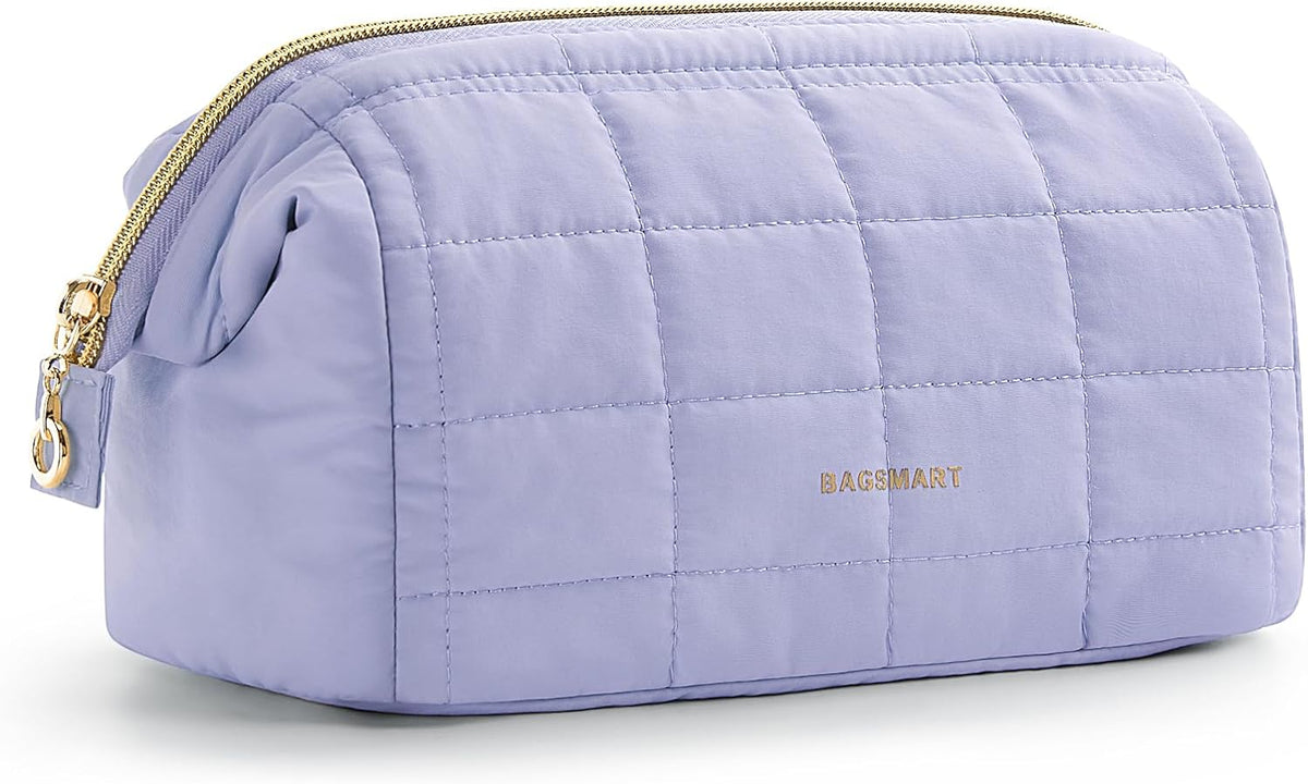 BAGSMART Makeup Bag Travel Toiletry Bag, Puffy Padded Make Up Bags for Women Makeup Organizer Case, Wide-open Pouch Purse Travel Essentials Toiletries Accessories Brushes, Apricot Pink