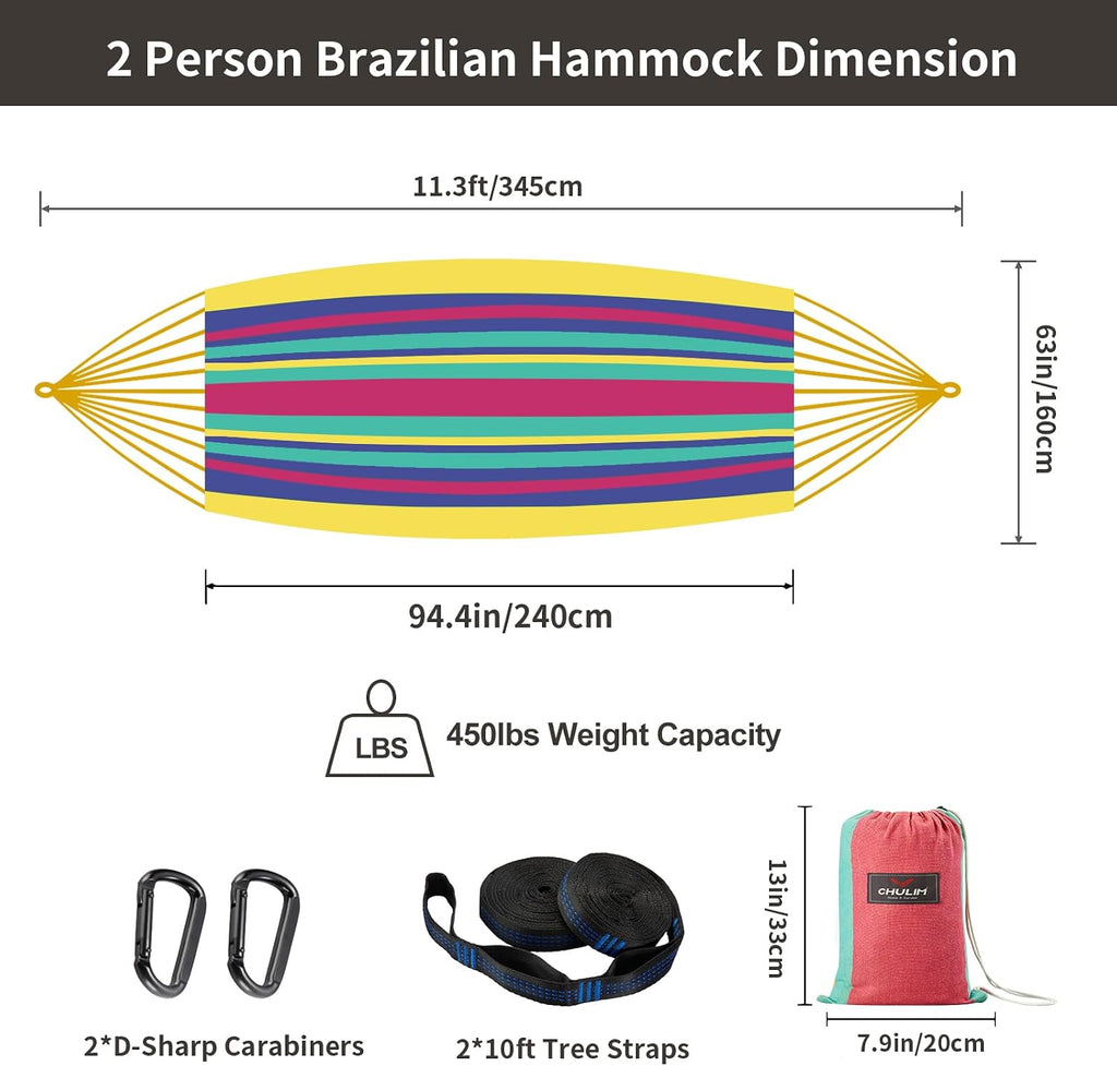 Brazilian Double Hammock with Tree Straps, Extra Large, 450 lbs Capacity