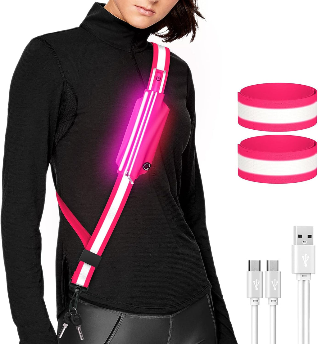 Ylzzrs LED Belt Reflective Sash for Walking at Night,High Visibility Adjustable Night Running Safety Gear,Light Up Running Belt Reflective Gear with Phone Bag/Armband for Runners Walkers Men Women
