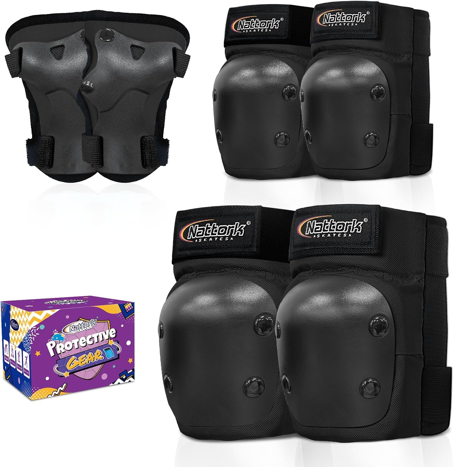 Nattork Knee Pads for Kids Youth Audlt，Knee and Elbow Pads with Wrist Guards 6 in 1 Protective Gear Set for Skateboard, Roller Skate, Inline Skates, Cycling and Scooter Boys Girls