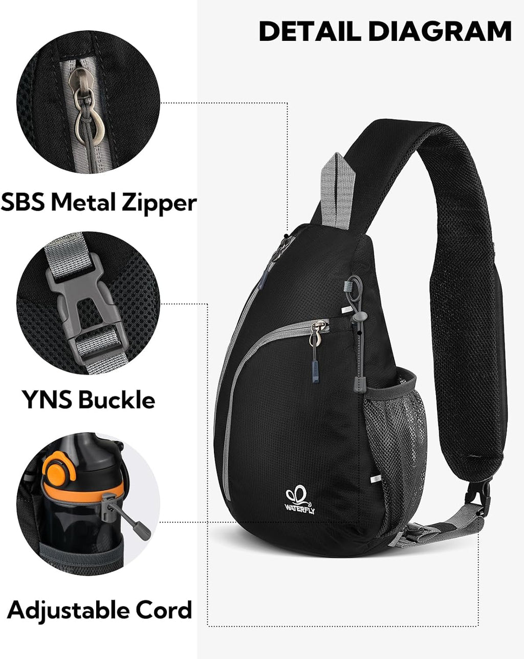 WATERFLY Crossbody Sling Bag, Small Shoulder Chest Backpack