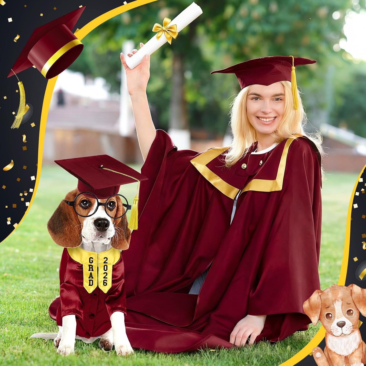 Huhumy 5 Pcs Dog Graduation Costume Set Include 2026 Pet Graduation Gown with Stole Puppy Grad Cap Lensless Glasses DIY Letter Stickers for Dogs Cats Holiday Costume Accessory(Maroon Yellow,S)