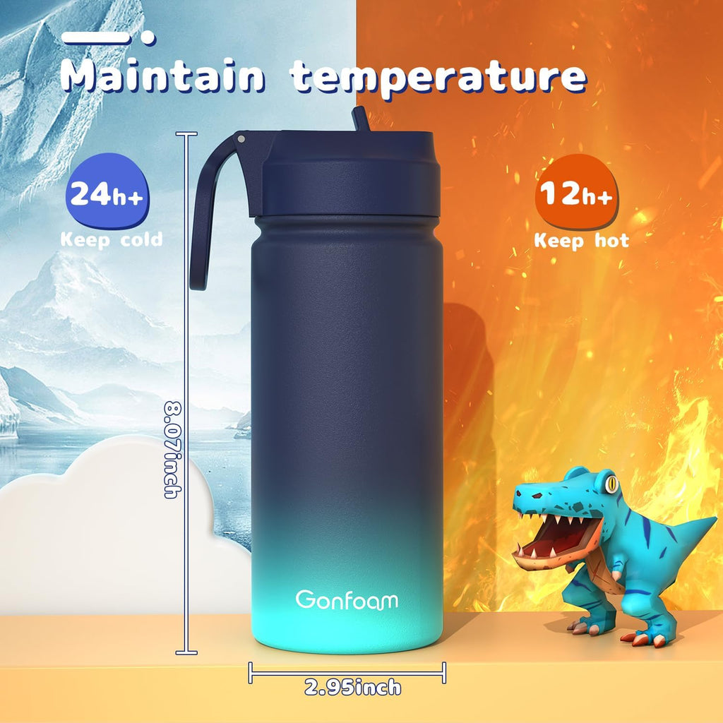 Gonfoam 16oz Kids Stainless Steel Insulated Water Bottle, 2 Pack
