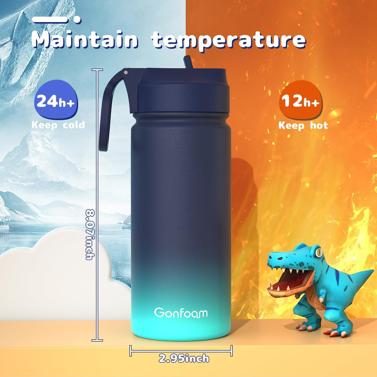 Gonfoam 16oz Kids Stainless Steel Insulated Water Bottle, 2 Pack