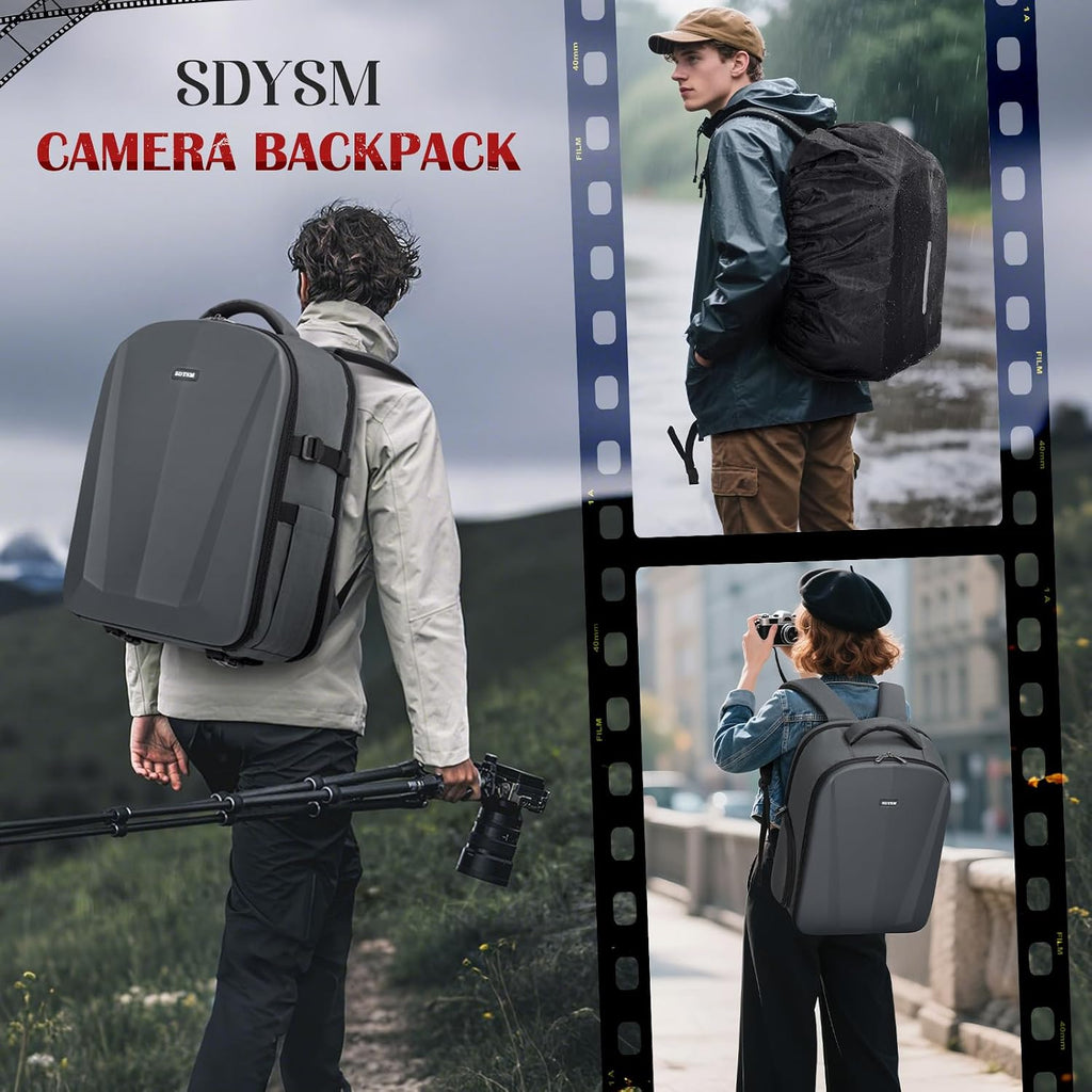 SDYSM Camera Backpack, Hardshell DSLR/SLR Camera Bag with Lens Pouch & 15.6" Laptop Compartment Waterproof Camera Case with Rain Cover Photography Backpack Compatible for Canon/Nikon/Sony/Drone,Gray