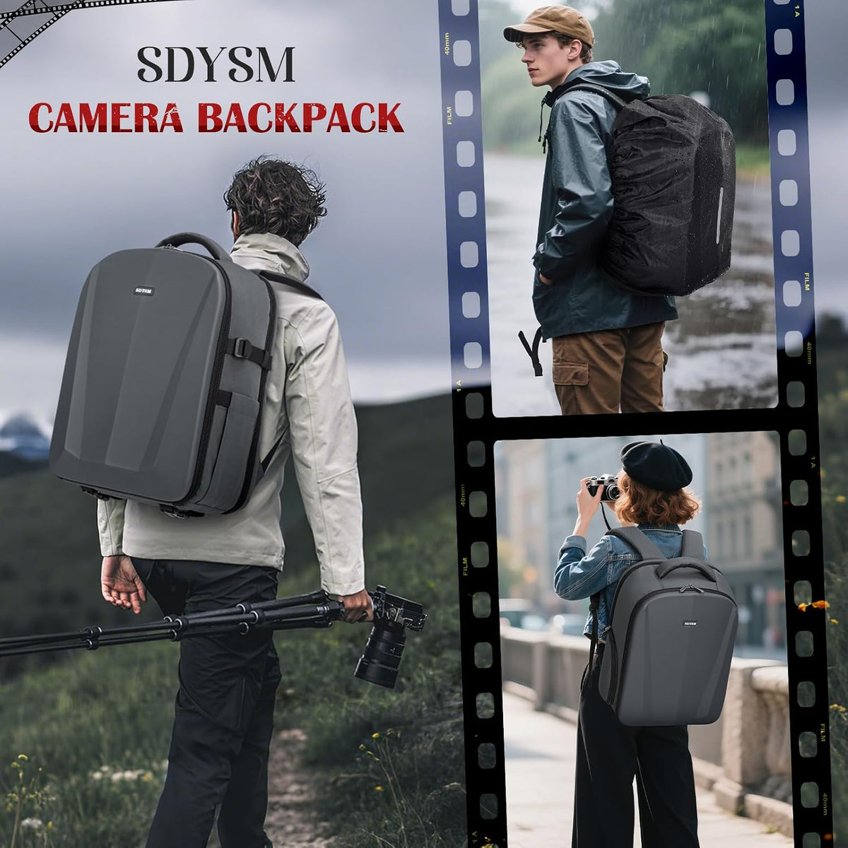 SDYSM Camera Backpack, Hardshell DSLR/SLR Camera Bag with Lens Pouch & 15.6" Laptop Compartment Waterproof Camera Case with Rain Cover Photography Backpack Compatible for Canon/Nikon/Sony/Drone,Gray