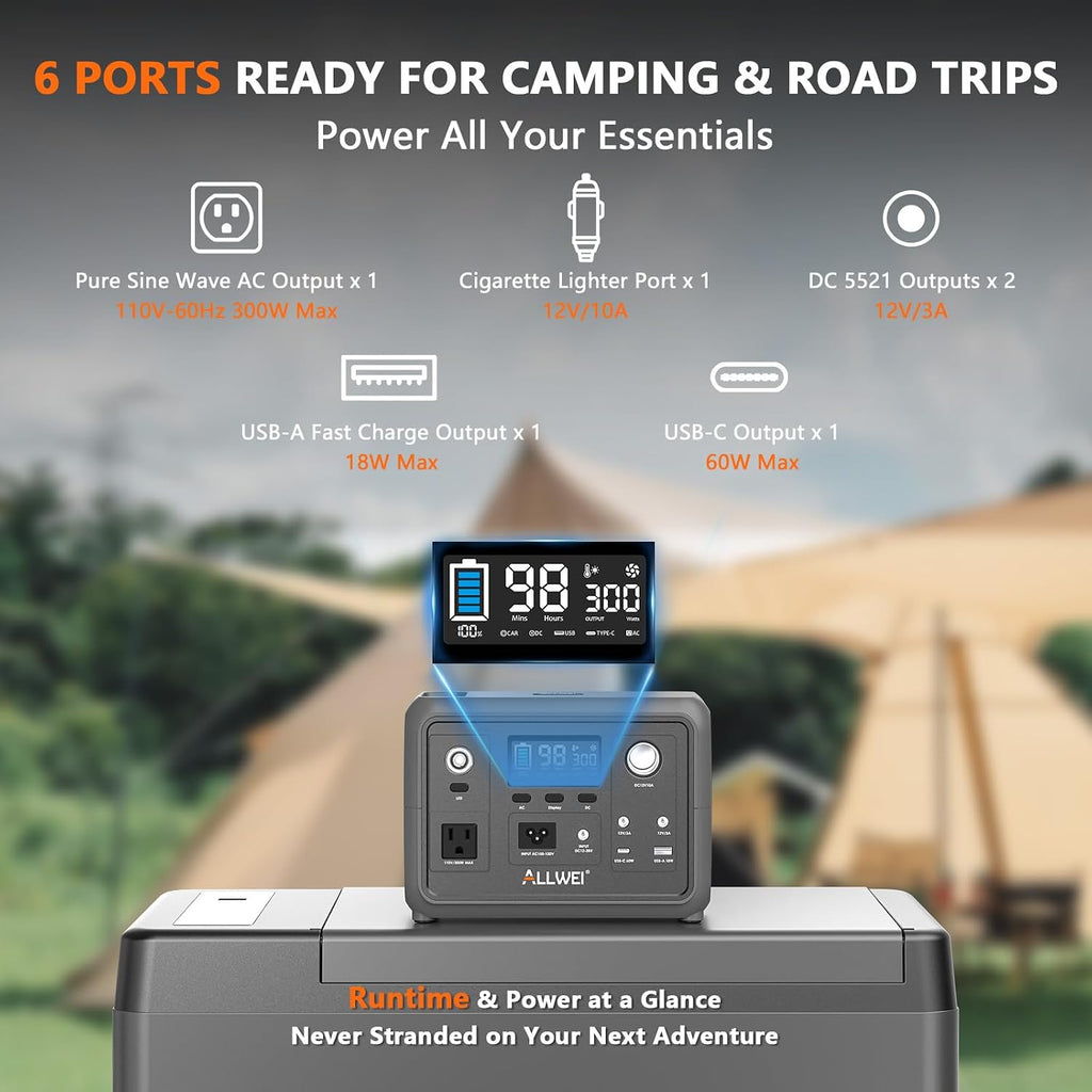ALLWEI Portable Power Station 300W, 256Wh Solar Generator LiFePO4 Battery