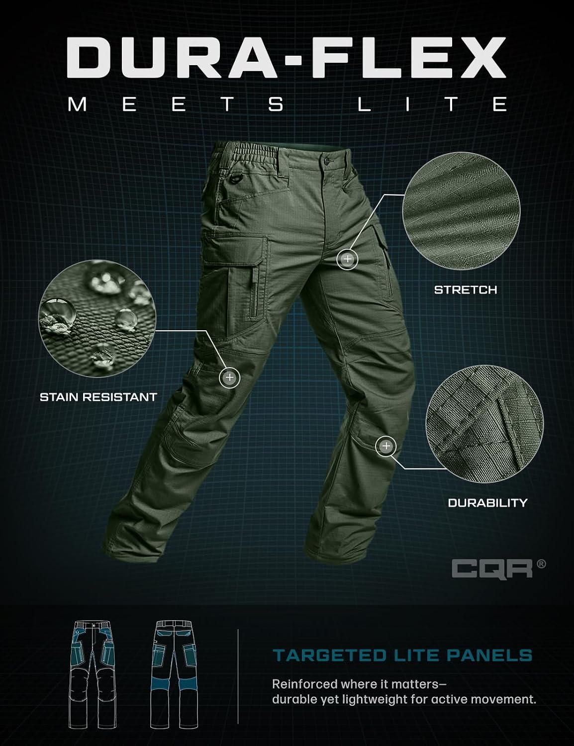 CQR Men's Flex Stretch Tactical Pants, Water Resistant Ripstop Cargo Pants, Lightweight EDC Outdoor Work Hiking Pants