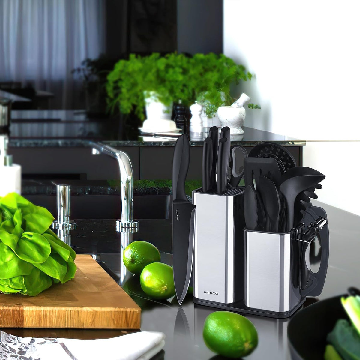 RAXCO Kitchen Utensils Set,18-Piece Cooking Utensils and Knife Set,Black