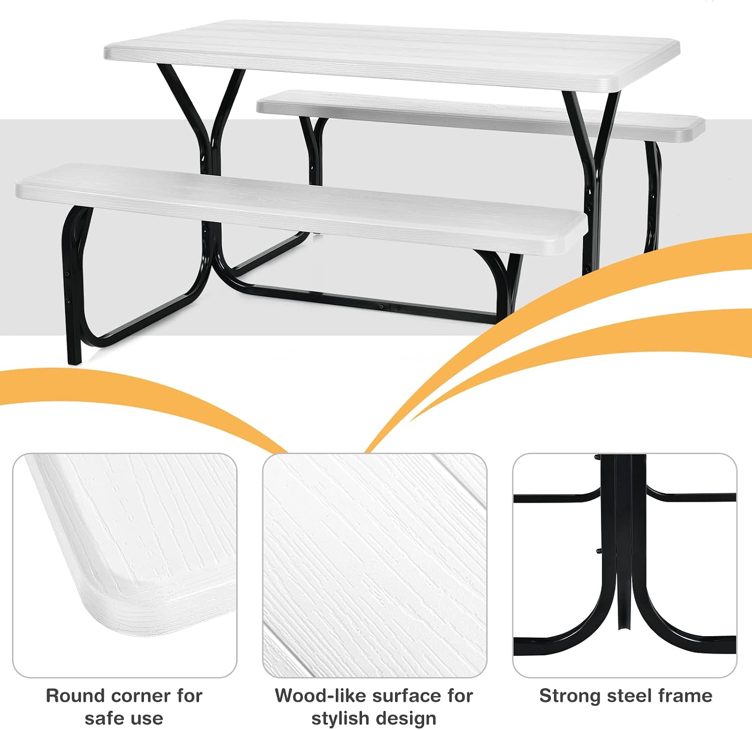 Tangkula Picnic Table Bench Set, Outdoor Picnic Table with 2 Benches, Metal Camping Table with Plastic Wood-Like Texture Tabletop & Steel Frame, Ideal for Picnic, Party, Garden, Lawn (White)