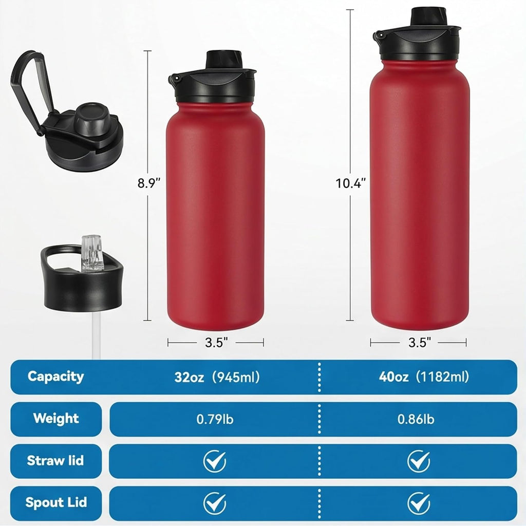 VEGOND 40 oz Insulated Water Bottle Stainless Steel Metal Water Bottles with Leak Proof Straw Lid & Spout Lid, Wide Mouth Double Walled Vacuum Travel Sports Bottle, Red
