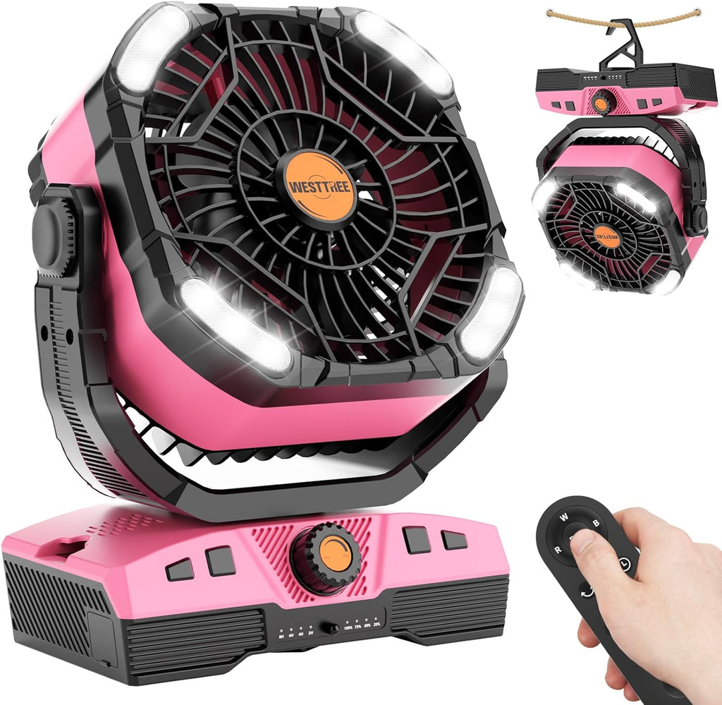 WESTTREE Camping Fan Oscillating Portable Fan Battery Powered Fans Rechargeable Camping essentials with Light Hook, 270° Pivot USB Desk Battery Operated Outdoor Tent Travel