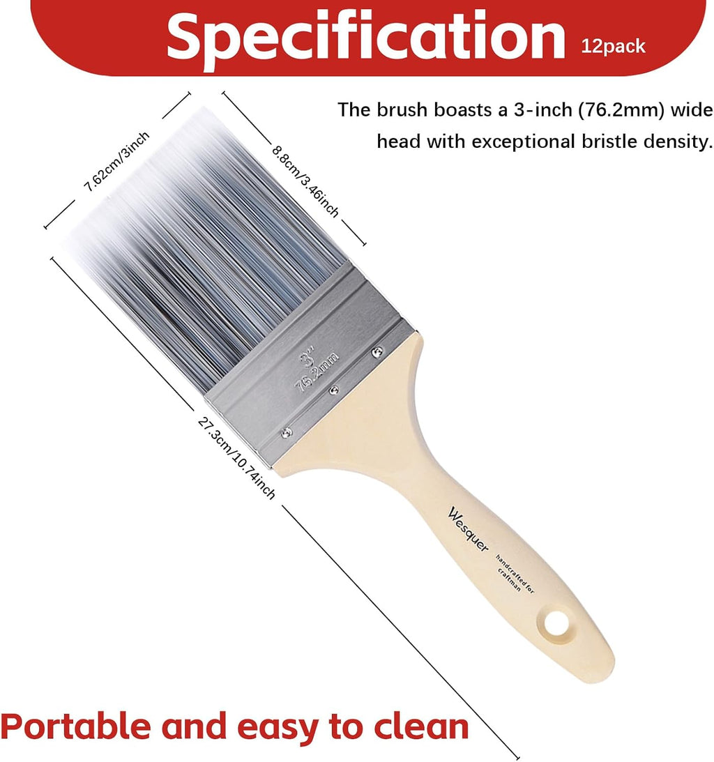 Wesquer 3 Inch Flat Paint Brushes 12 Pack Bulk Professional Coverage