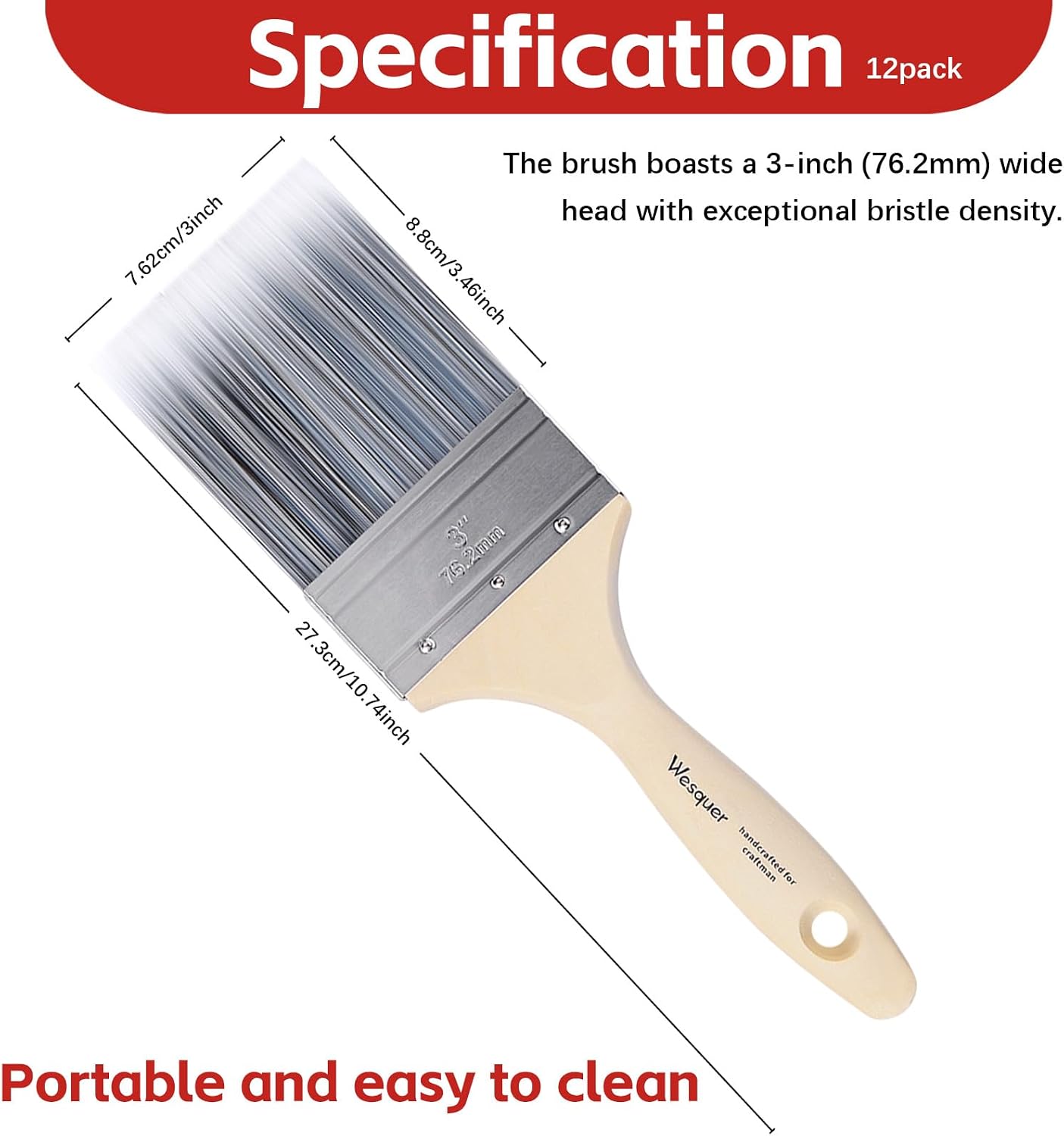 Wesquer 3 Inch Flat Paint Brushes 12 Pack Bulk Professional Coverage