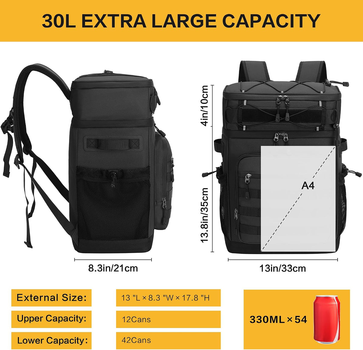 Tactical Backpack Cooler, Soft Insulated Leakproof Cooler Backpack for Men Women, 54 Cans Large Double Deck Lunch Bag for Fishing, Beach, Camping, Travel (Black)