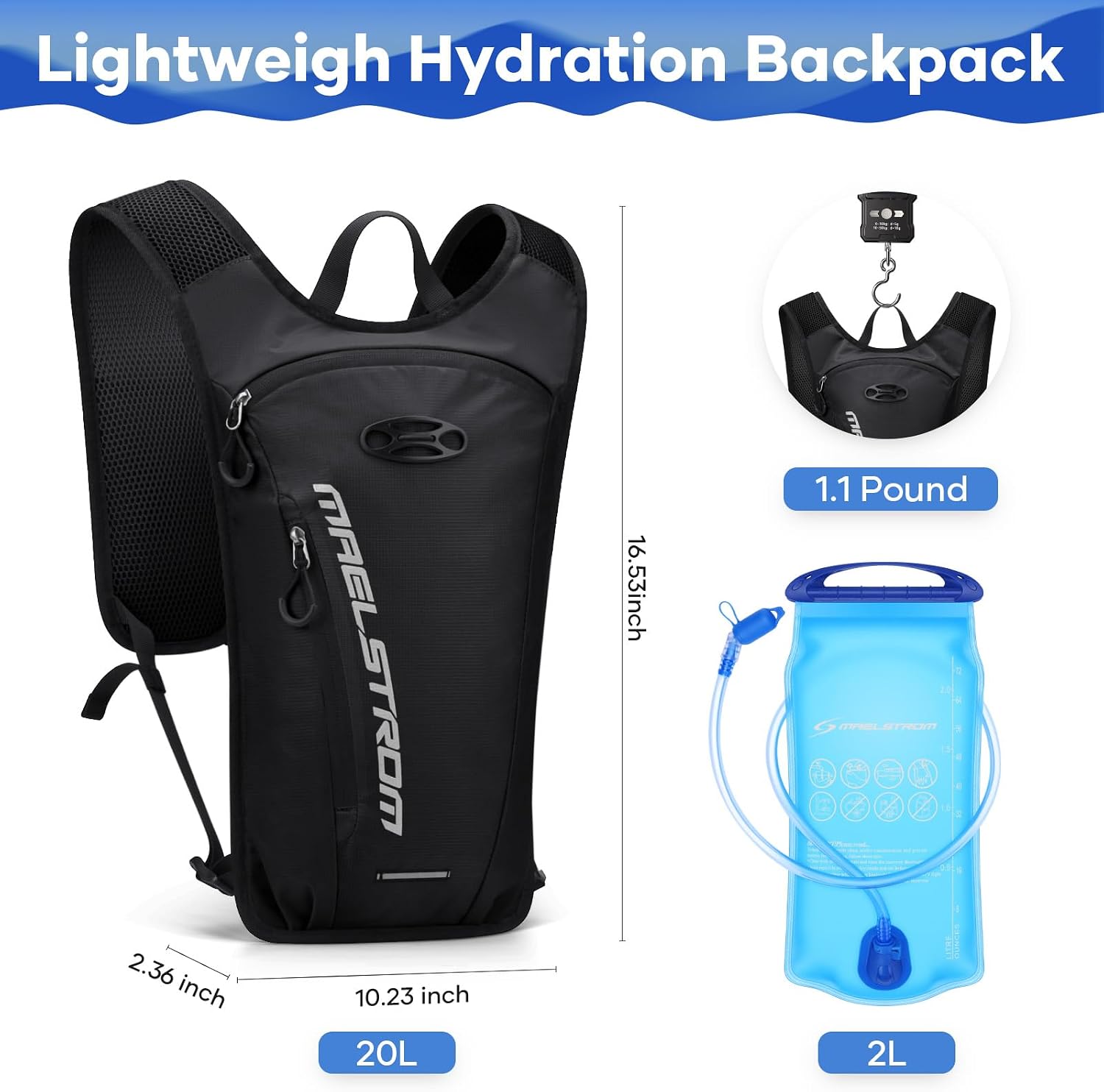 Maelstrom Hydration Backpack with 2L Water Bladder,Lightweight Running Vest