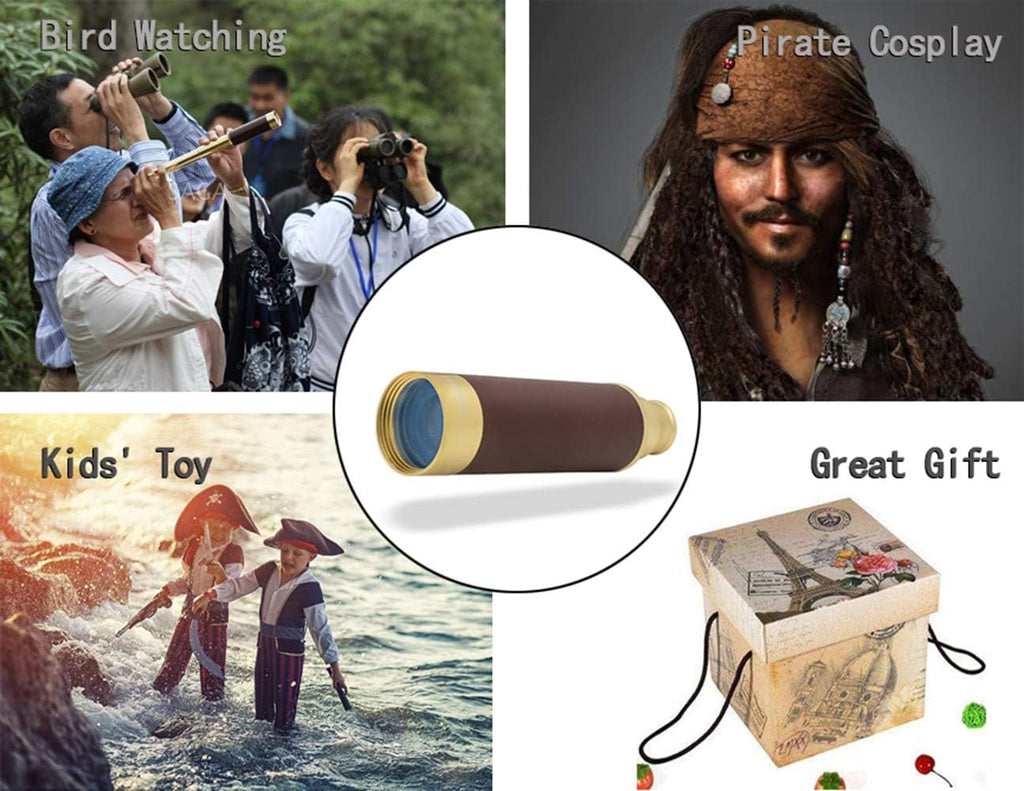 Retro Pirate Telescope 25x30 Spyglass Portable Collapsible Handheld Telescope Zoom Vintage Monocular Classical Collection Compass for Camping Hunting Boating Gift