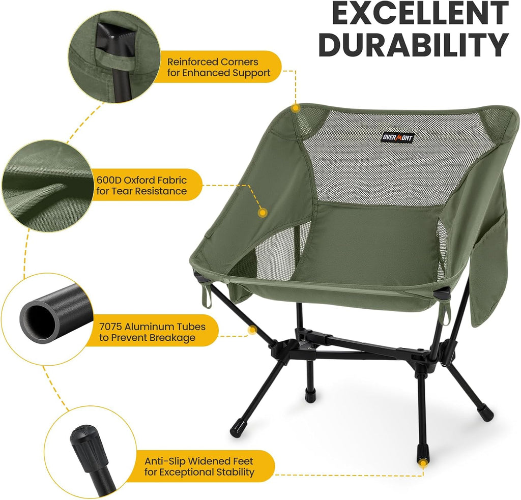 Overmont Ultralight Portable Camping Chair- Lightweight Folding Backpacking Chair, Support up to 330Lbs Compact Beach Chair for Adults with Carry Bag for Backpack Hiking Fishing Outdoor Camp Travel