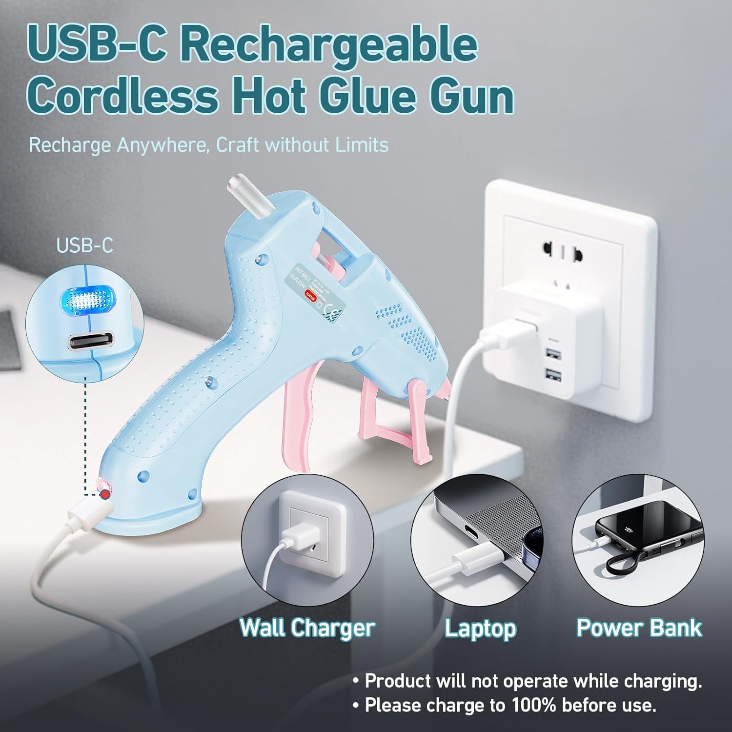 Cordless Hot Glue Gun, 20W Hot Glue Gun with 30PCS Premium Glue Sticks & 1m USB-C Cable, 2000mAh Built-in Battery Suitable for School Craft, Home Repair, DIY (Cordless) (Blue)