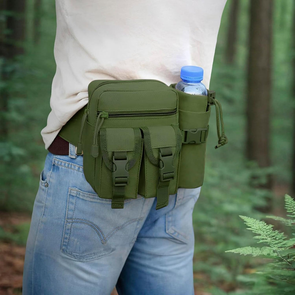 DOB SECHS Hiking Waist Bag with Detachable Water Bottle Holder and Adjustable Waist Belt Oxford Fanny Pack for Men Women Causal Belt Bag for Travel Outdoor Fishing Running Hiking Hunting,Green