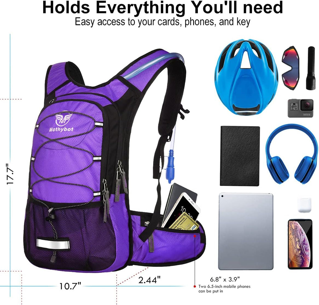 Mothybot Insulated Hydration Backpack Pack with 3L BPA Free Leak Proof Water Bladder, Large Storage Lightweight Hiking Daypack with Waist Pouches & Cooler Layer, for Running, Biking, Camping, Festival