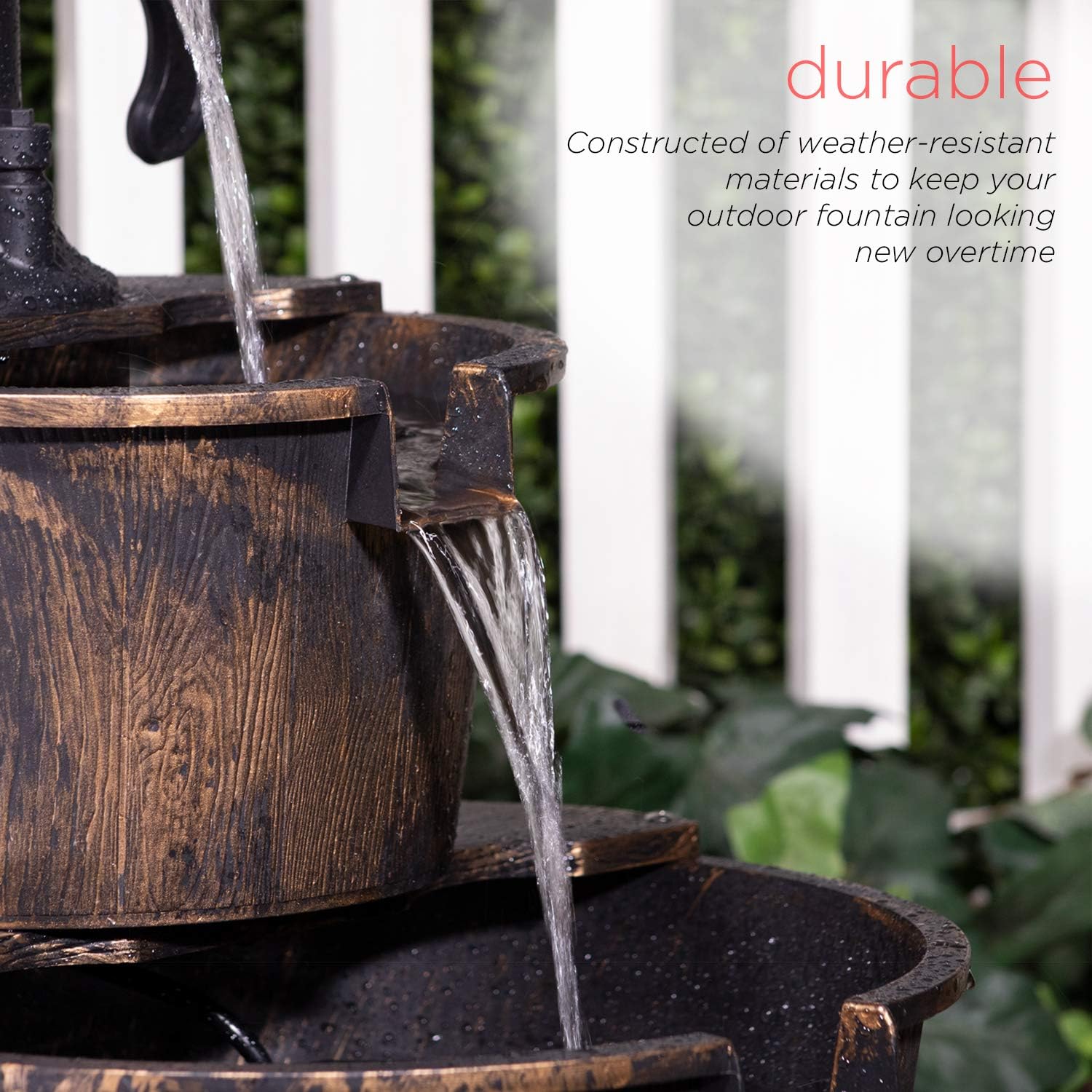 Alpine Corporation 27" Tall Rustic Outdoor 2-Tier Barrel Pump Water Fountain with Soothing Cascading Water Flow for Patio, Yard, Porch, or Landscape, Bronze
