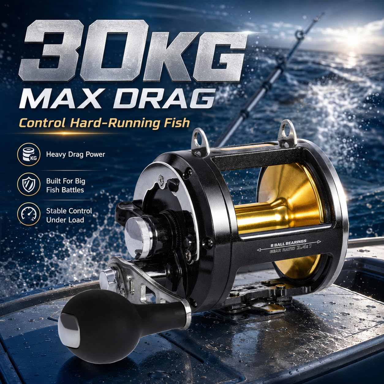 Sea Fishing Reel 44-66 LB Max Drag Saltwater Round Conventional Trolling Reel Aluminum CNC 2.8:1/4.4:1 Gear Ratio 5+1/7+1 Bearings for Tuna Salmon Marlin