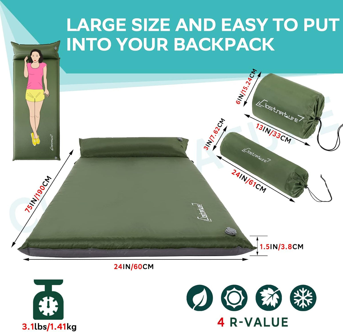 Clostnature 1.5in Lightweight Self Inflating Sleeping Pad for Camping