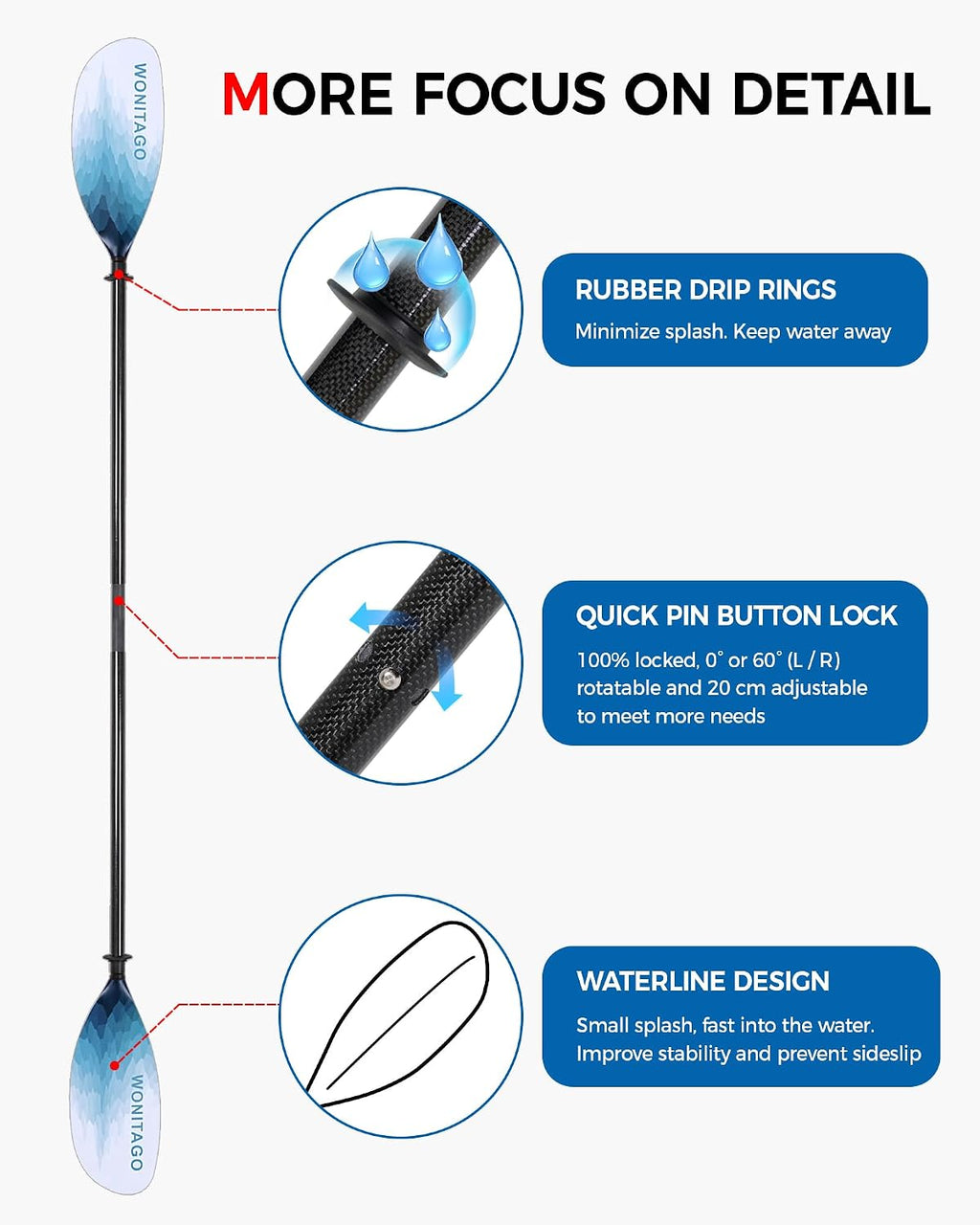 Adjustable Kayak Paddle with Carbon Fiber Shaft and Nylon Blade