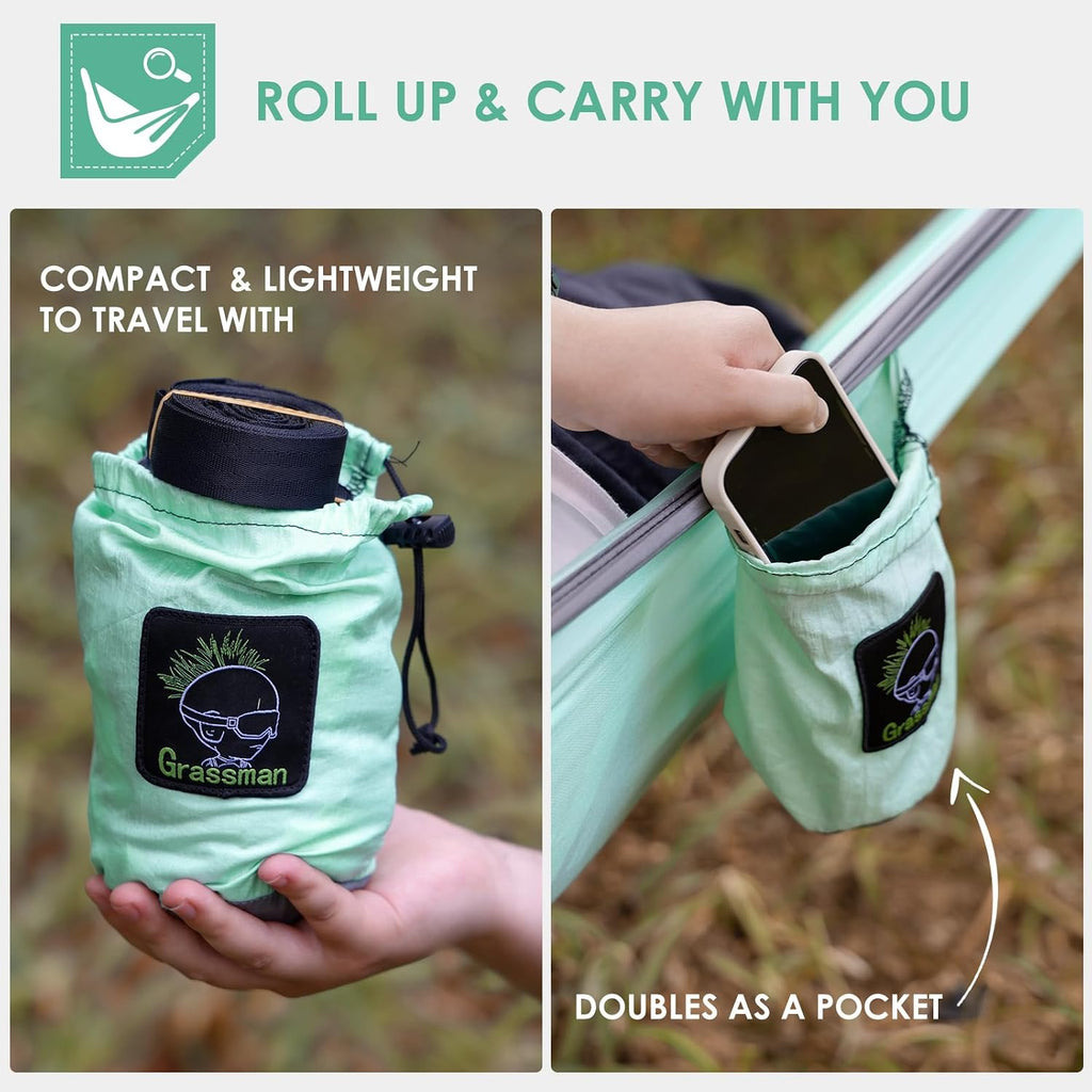 GRASSMAN Kids Hammock-Small Camping hammocks, Portable Camping Gear for Child Indoor/Outdoor use, with Tree Straps & Carabiners Green & Grey