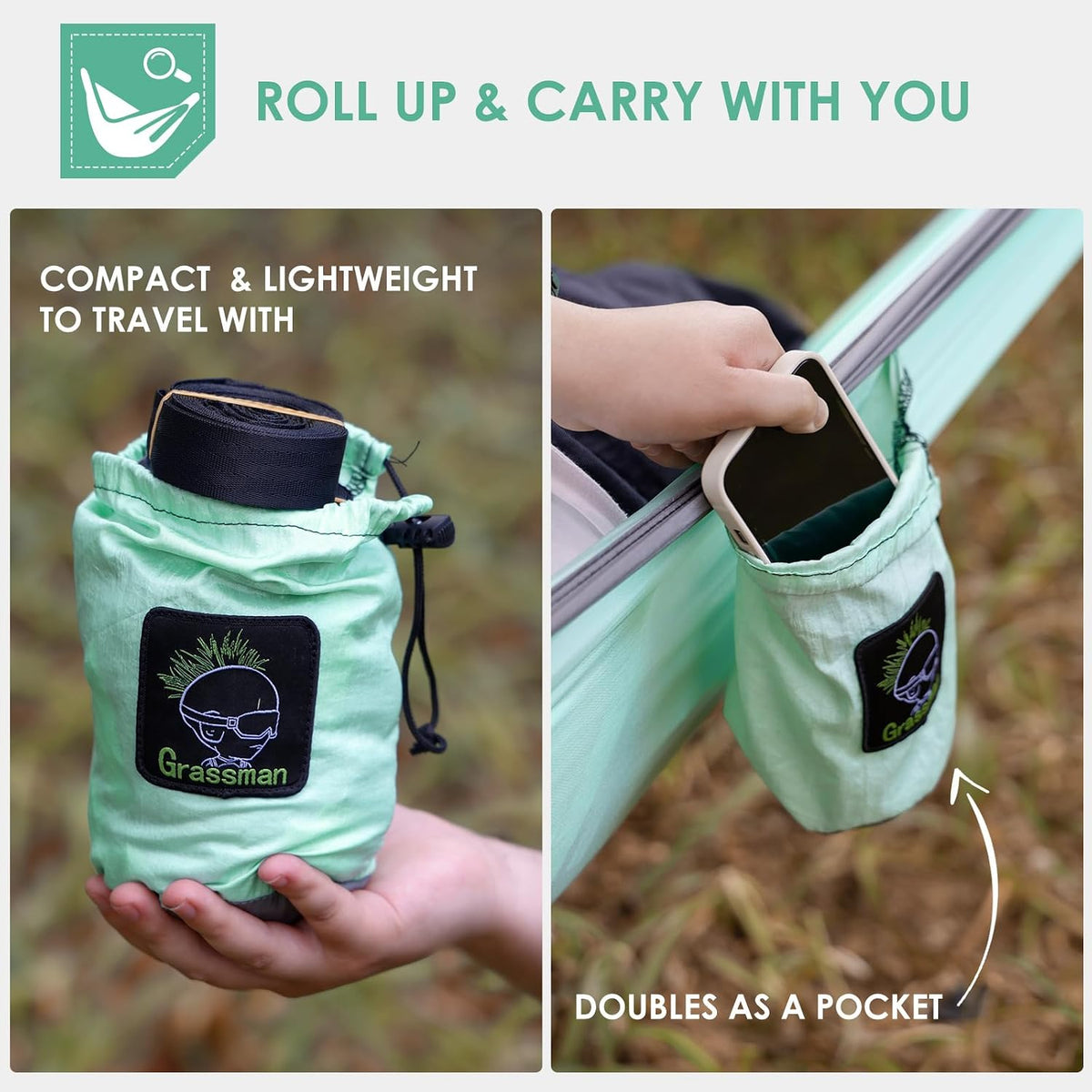 GRASSMAN Kids Hammock-Small Camping hammocks, Portable Camping Gear for Child Indoor/Outdoor use, with Tree Straps & Carabiners Green & Grey