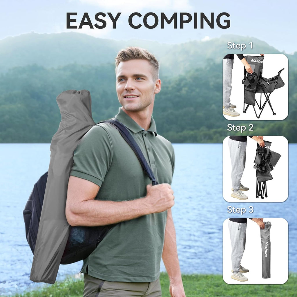 Nazhura 4 Pack Outdoor Camping Chairs Folding/Foldable/Portable with Cooler Pouch, Mesh Backrest and Cup Holder Pocket (Grey, Metal, 4 Pack)
