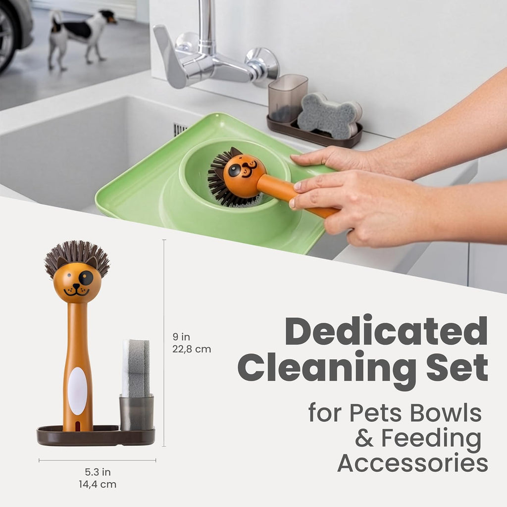 Pet Bowl Cleaner Set with Dog Bowl Brush, Dog Sponge, Holder & Drain Tray