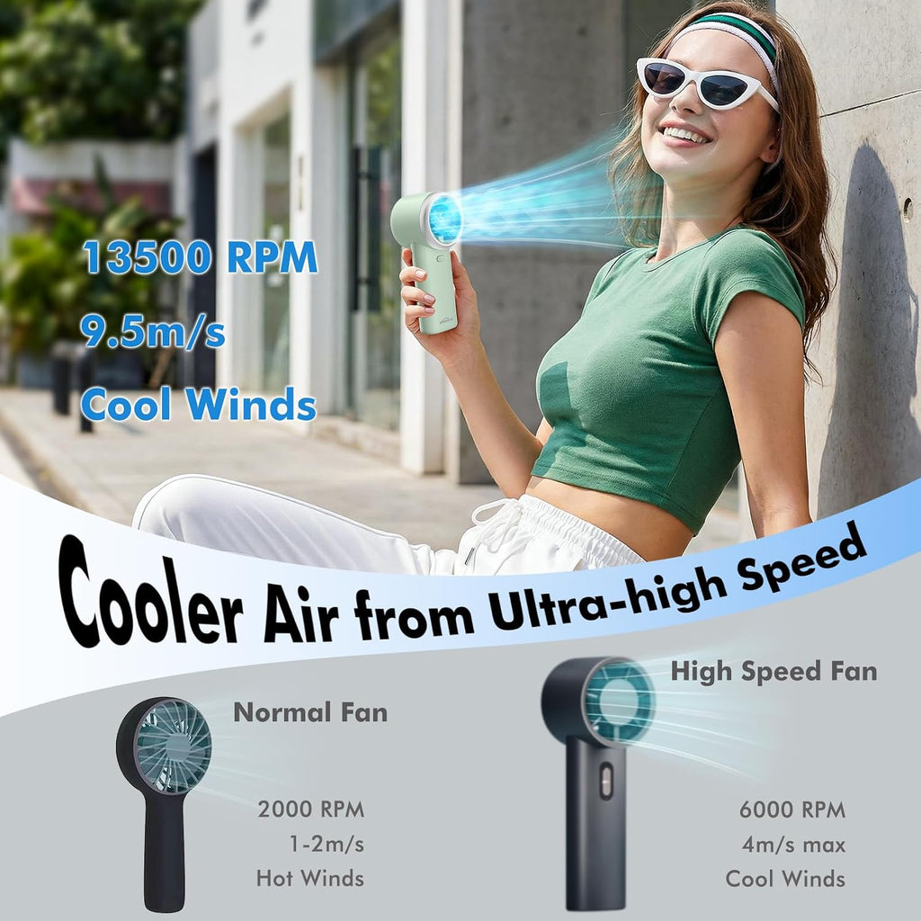 WHATOOK Portable Handheld Turbo Fan, 5 Speeds Mini Personal Fan with 4000mAh Rechargeable Battery, Small Pocket Fan for Travel Essentials, Beach, Office, Gifts for Women Men - Mint Green