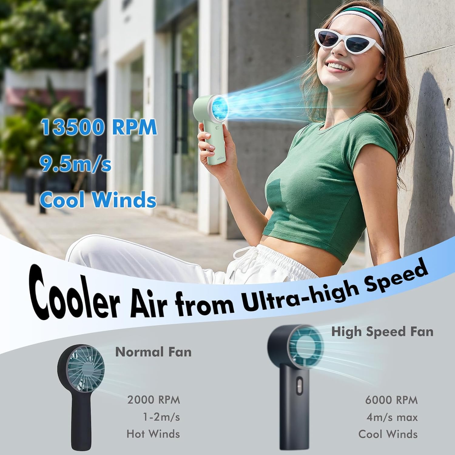 WHATOOK Portable Handheld Turbo Fan, 5 Speeds Mini Personal Fan with 4000mAh Rechargeable Battery, Small Pocket Fan for Travel Essentials, Beach, Office, Gifts for Women Men - Mint Green