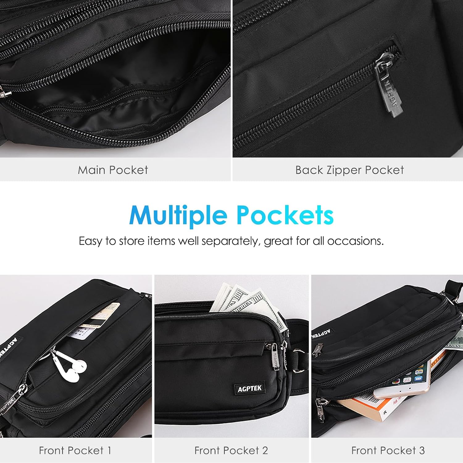 AGPTEK Fanny Pack for Women Men, RFID Large Capacity Waist Wallet Bag, Adjustable & Waterproof Bum Belt Pouch for Travel, Running, Shopping, Hiking, Dog Walking, Cycling, Climbing