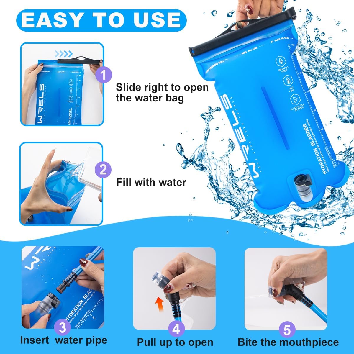 WRELS 1L/1.5L/2L/3L BPA Free Hydration Bladder,Leakproof TPU Water Bladder for Hiking Backpack,Large Opening Water Reservoir Hydration Pack for Running Cycling Camping