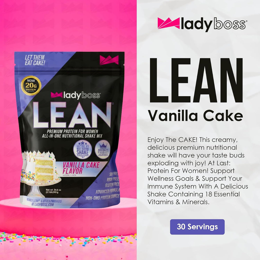 LadyBoss Lean Meal Replacement Protein Shake Vanilla Cake Flavor with 20G Whey Protein, 20 Vitamins & Minerals - Craving Support - 30 Servings