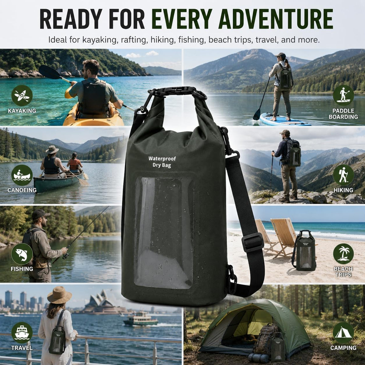 3L IPX8 Waterproof Dry Bag Backpack with Touchscreen Phone Pouch,Green