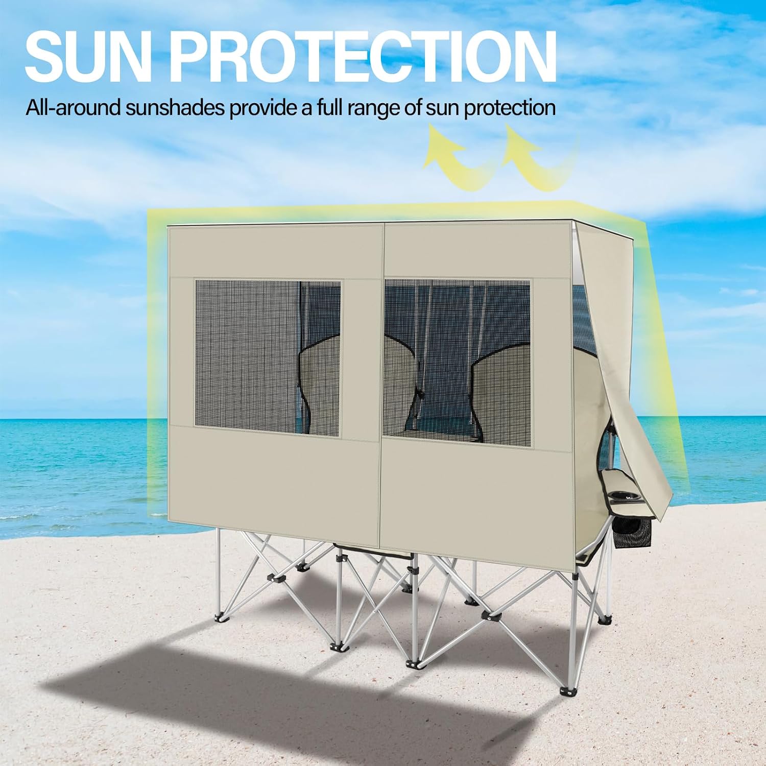 Double Beach Chair with Canopy Shade,Heavy Duty Camping Chair for Aduls,Folding Beach Chair with Cup Holder Cooler Bag for Sports Beach Outside（White）