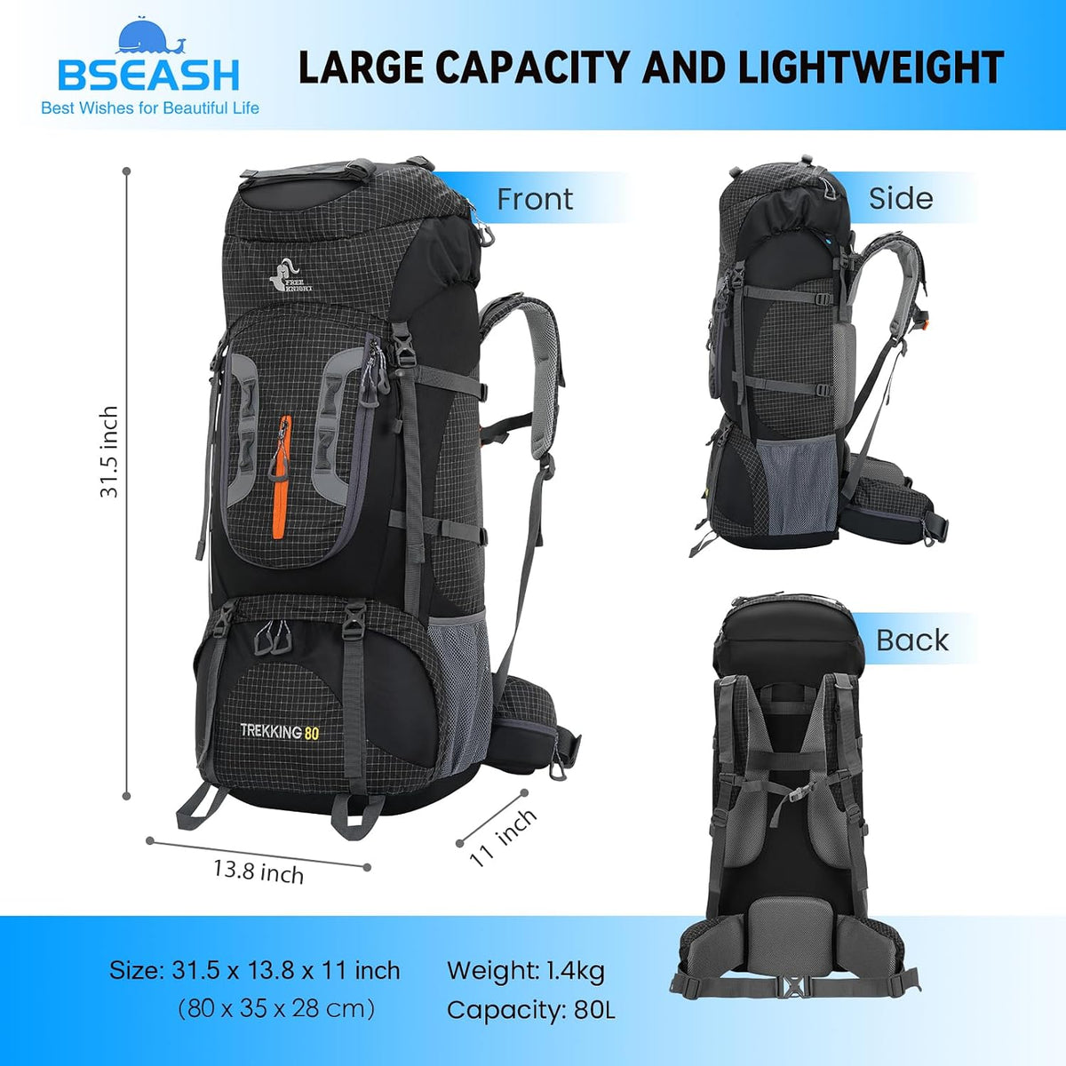 Bseash 80L Waterproof Hiking Camping Backpack with Rain Cover, Lightweight Outdoor Sport Travel Daypack for Climbing Touring