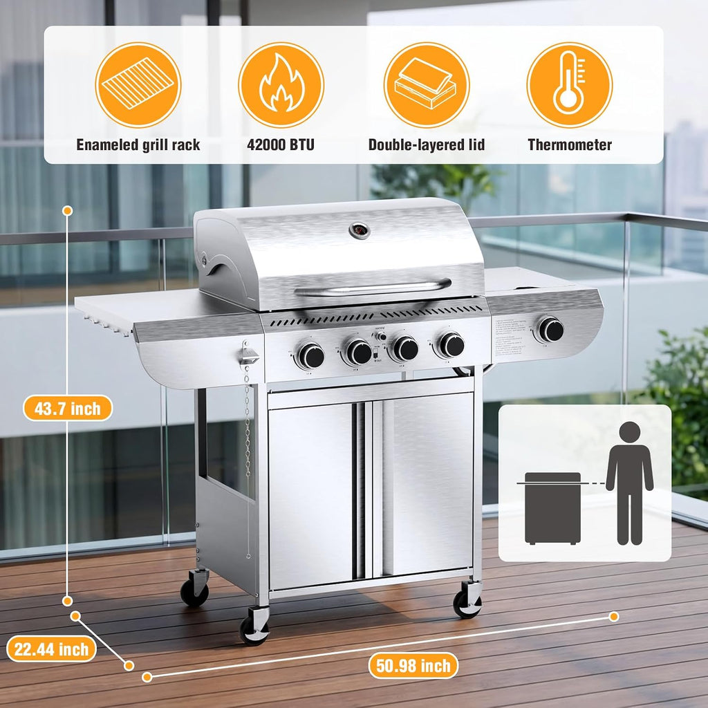R.W.FLAME 4-Burner Gas Grill with Side Burner, Stainless Steel Propane Grill 42000BTU for Outdoor Cooking, with Porcelain-Enameled Grates, Baking Pan, Silver