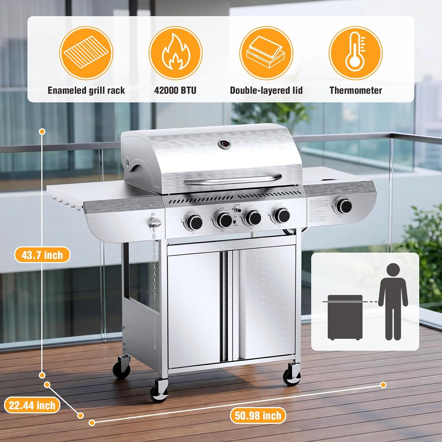 R.W.FLAME 4-Burner Gas Grill with Side Burner, Stainless Steel Propane Grill 42000BTU for Outdoor Cooking, with Porcelain-Enameled Grates, Baking Pan, Silver