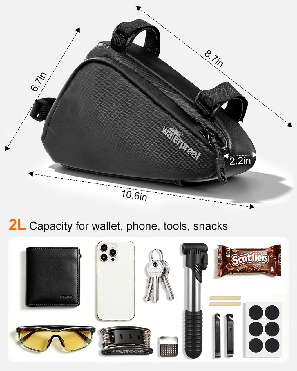 NDakter Bike Frame Bag with Repair Kit, Bicycle Tire Repair Tool Kit Set with Pump & 16-in-1 Multitool, Emergency Bike Pack Accessories for Road MTB BMX