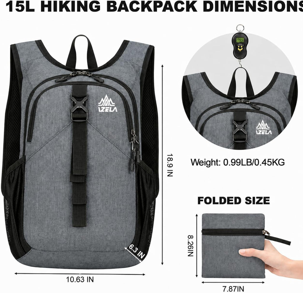 15L Packable Hiking Backpack, Lightweight Daypack with Phone Pocket